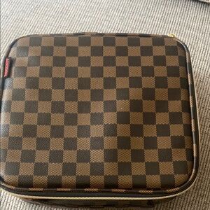 Brown Toiletry Bag with Checkered Pattern
